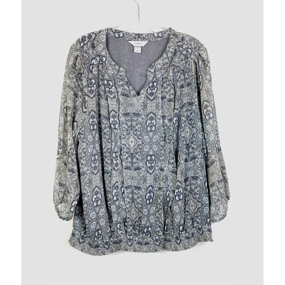 CJ Banks Women's V-Neck Tunic Top Size X Gray Lined Elastic Smocked Waistband - Picture 1 of 8